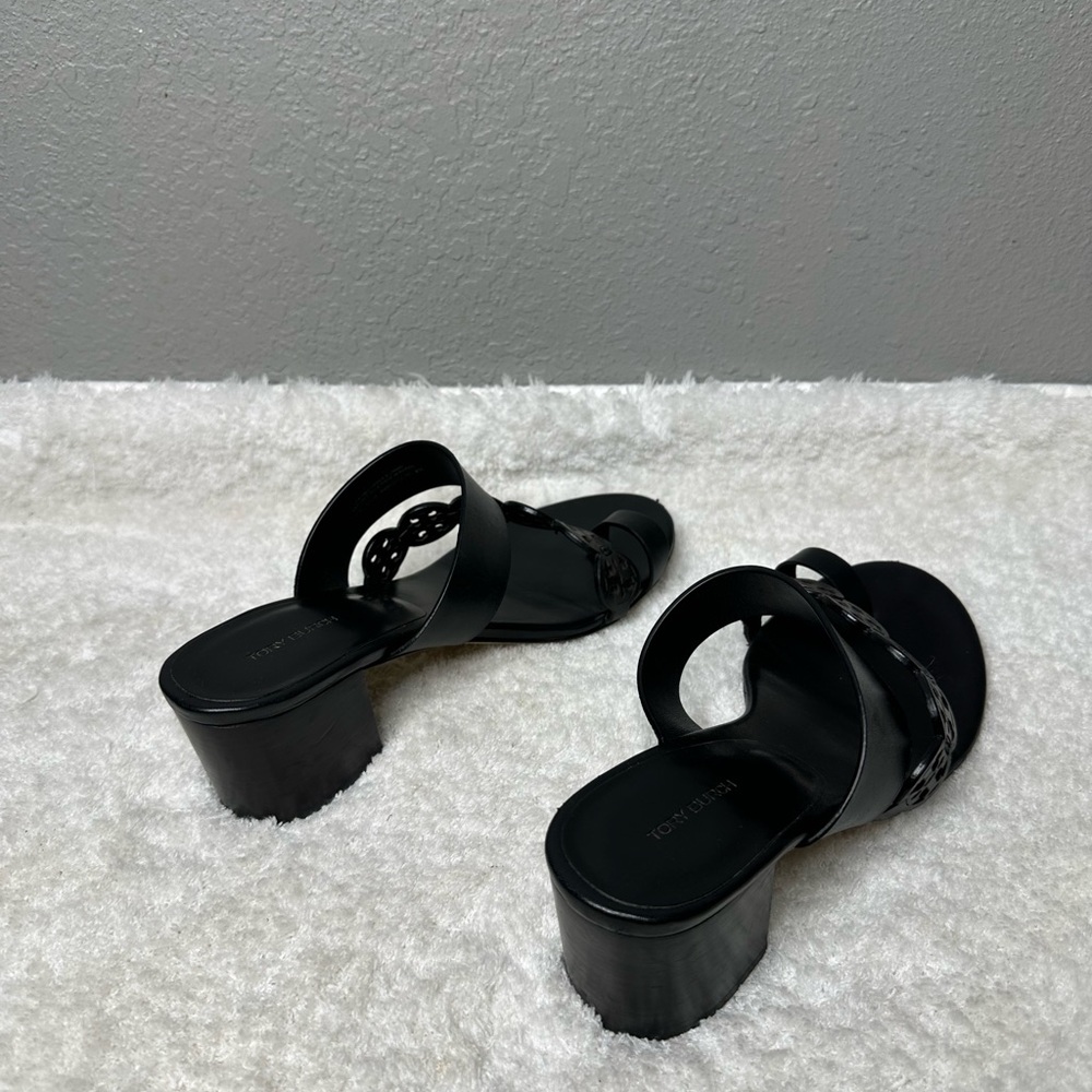Tory Burch Tiny Miller Black Leather Toe Ring Block Heel Sandals Size 9M women’s - Picture 6 of 7